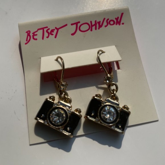 Betsey Johnson Royal Engagement Drop Earrings Gold Tone Rhinestone Black Enamel - Picture 13 of 13